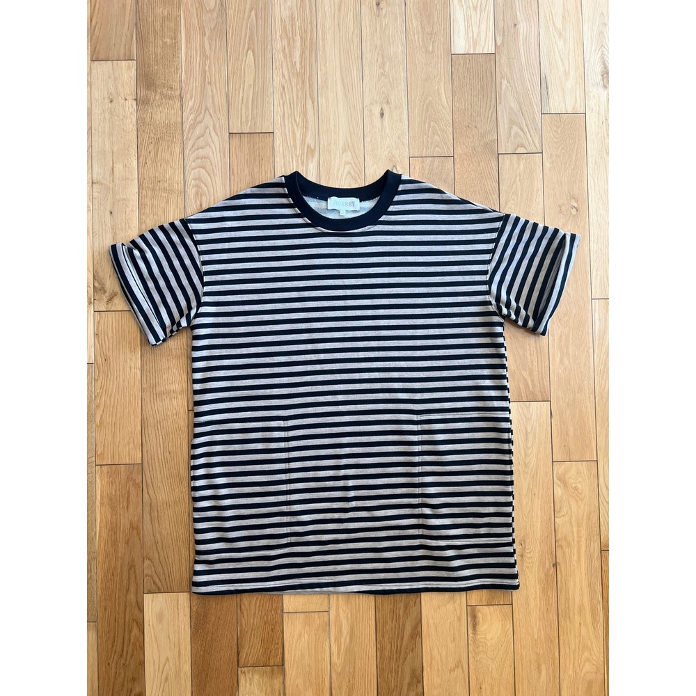 Veveret Oversized Striped Shirt Dress Black Tan Crew Neck Roll Sleeves Size S